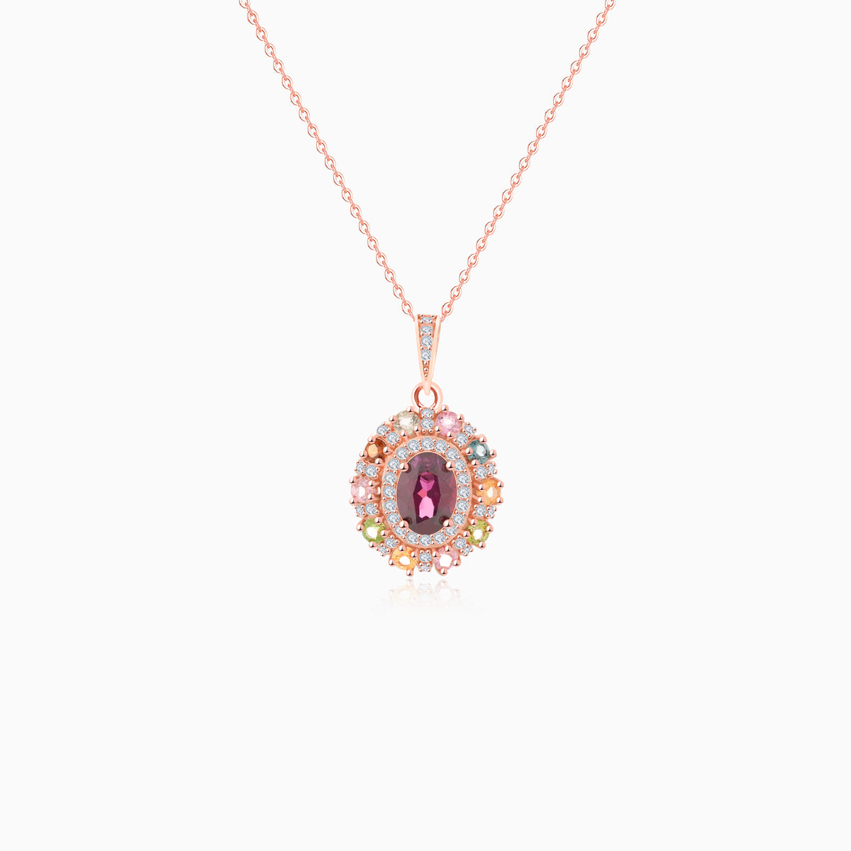 Multicolor Tourmaline Halo Oval-Cut Pendant Necklace