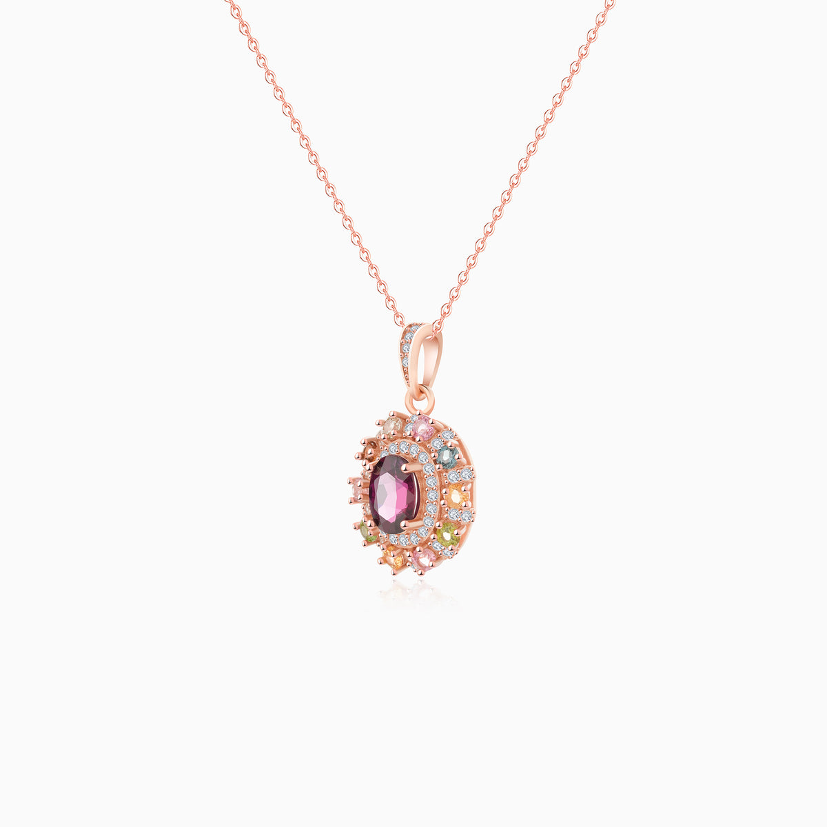 Multicolor Tourmaline Halo Oval-Cut Pendant Necklace