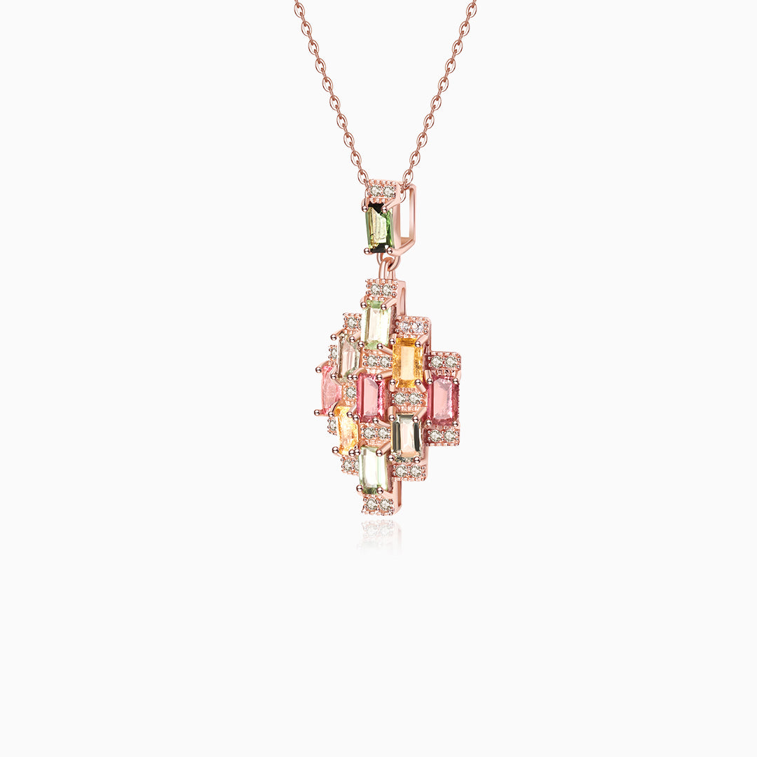 Multicolor Tourmaline Mosaic Emerald-Cut Pendant Necklace – Geometric Spectrum Design
