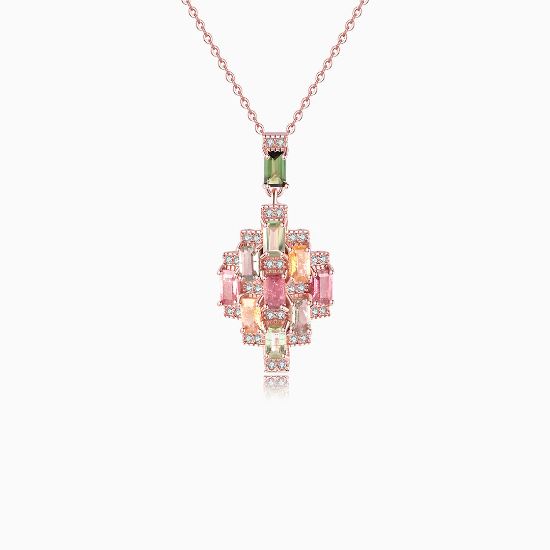 Multicolor Tourmaline Mosaic Emerald-Cut Pendant Necklace – Geometric Spectrum Design