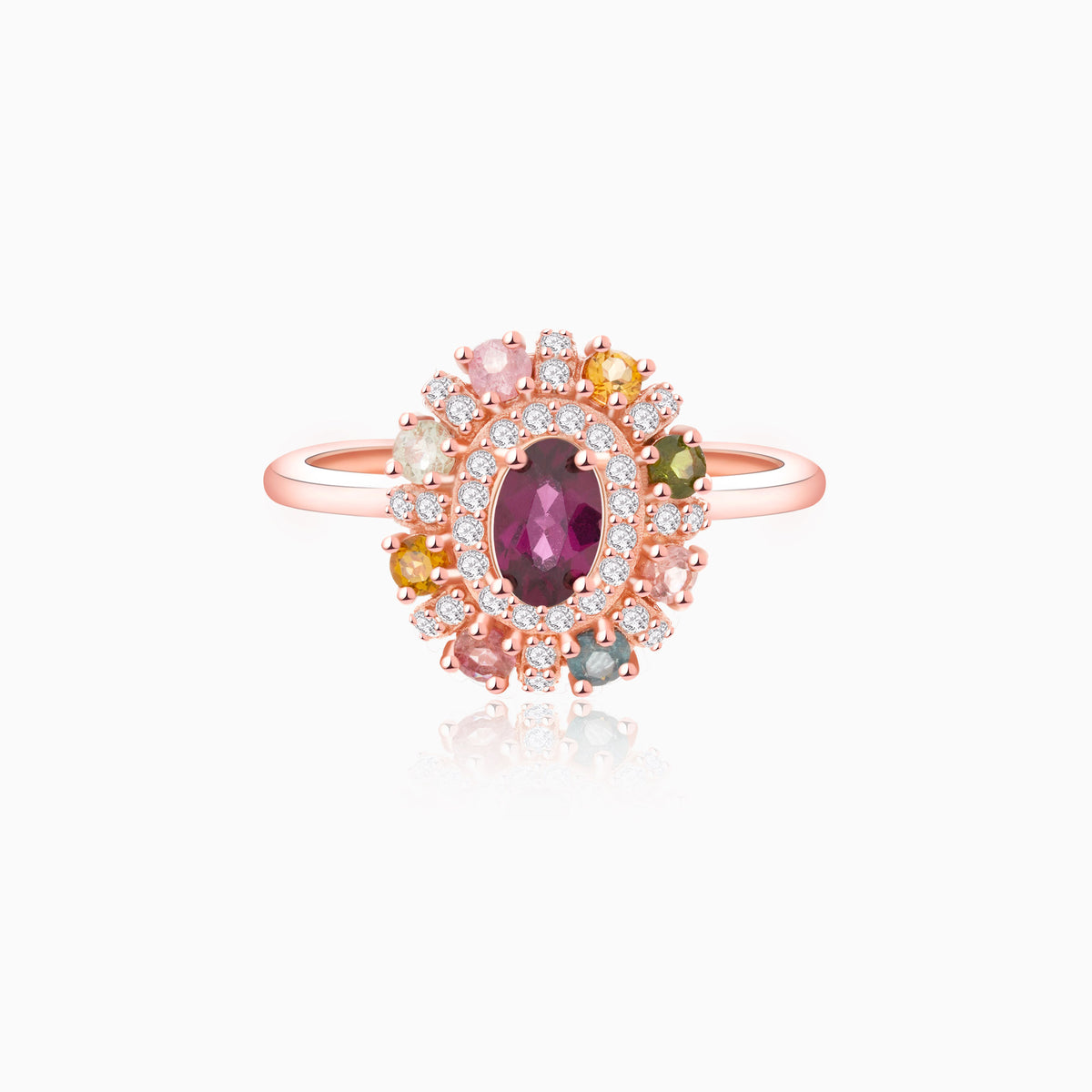 Multicolor Tourmaline Halo Oval-Cut Ring