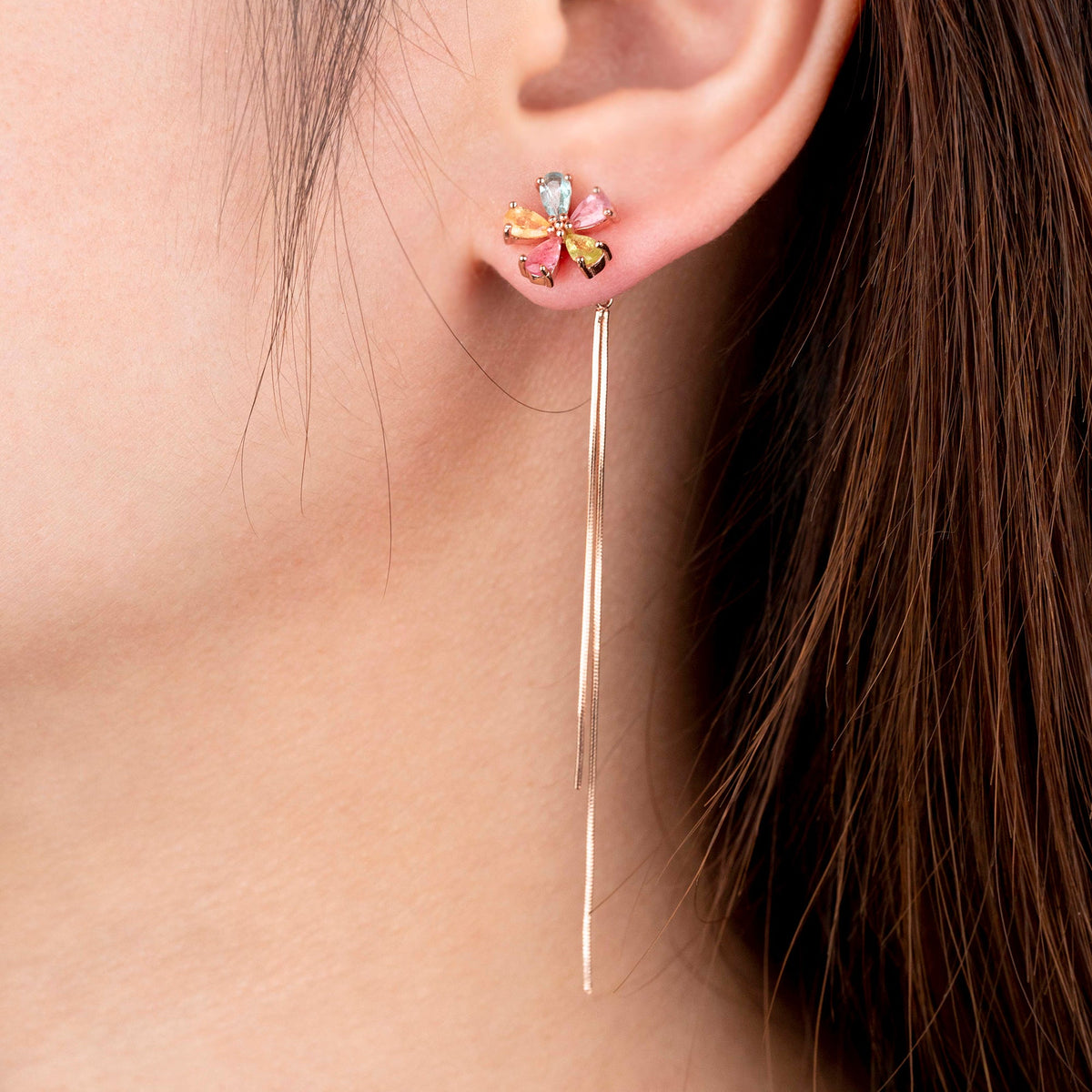 Multicolor Tourmaline Teardrop Pinwheel Bloom Dangle Earrings – Rainbow Petal Design