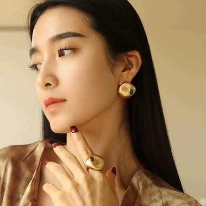 Green Stone Melt Studs Earrings