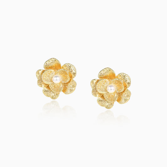 Gold Plated Floral Earrings With Natural Pearl