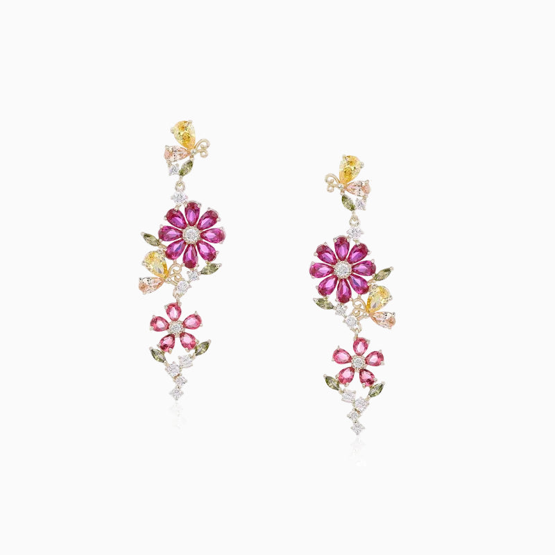 Ruby Flower Dangle Earrings