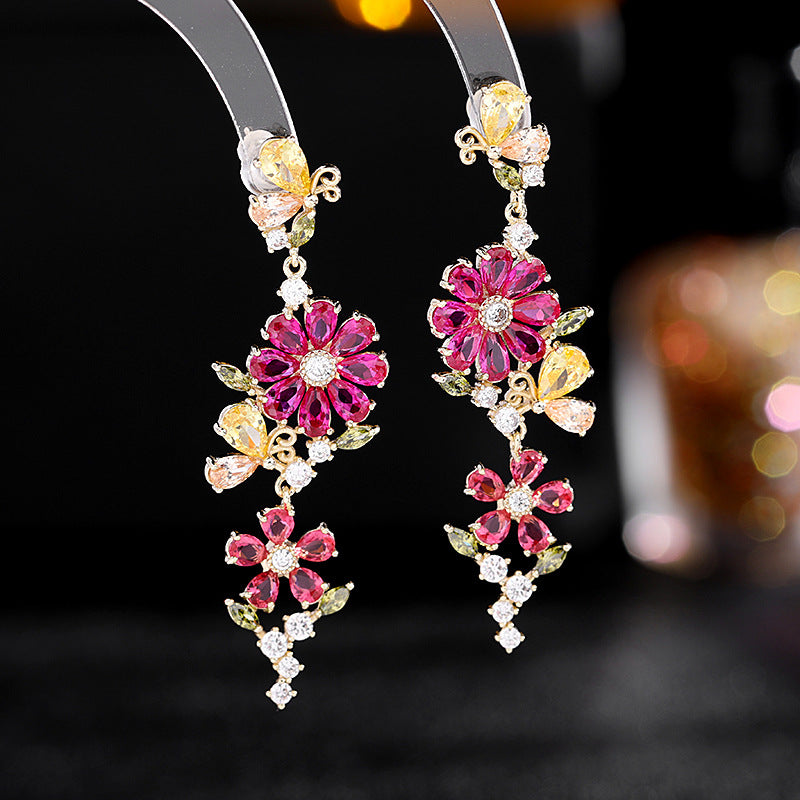 Ruby Flower Dangle Earrings