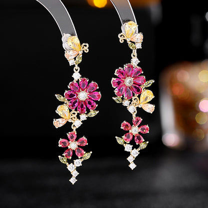 Ruby Flower Dangle Earrings