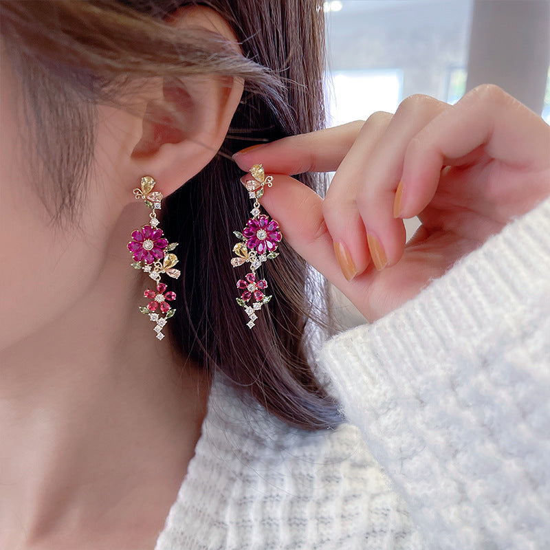 Ruby Flower Dangle Earrings