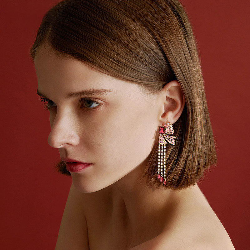 Pink Bow Tassel Earrings