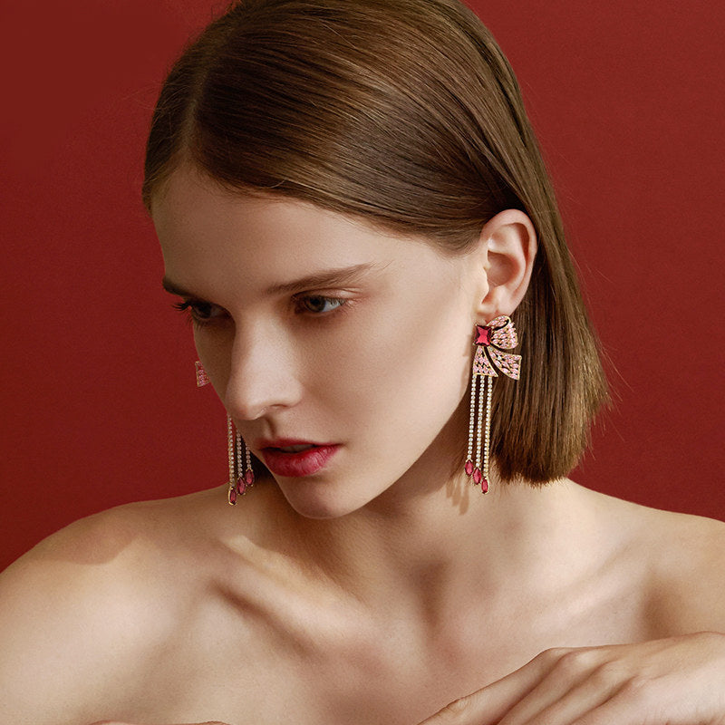 Pink Bow Tassel Earrings
