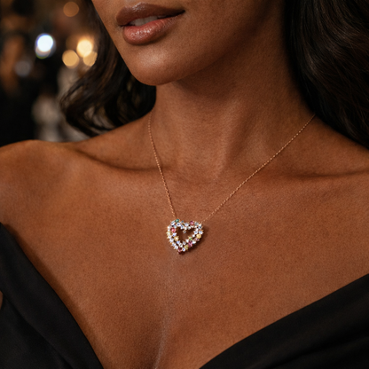 Multicolor Tourmaline Heart Pendant Necklace – Round-Cut Cluster Design