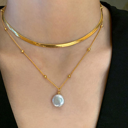 Snake-Chain Double Layer Beads Baroque Pearl Necklace