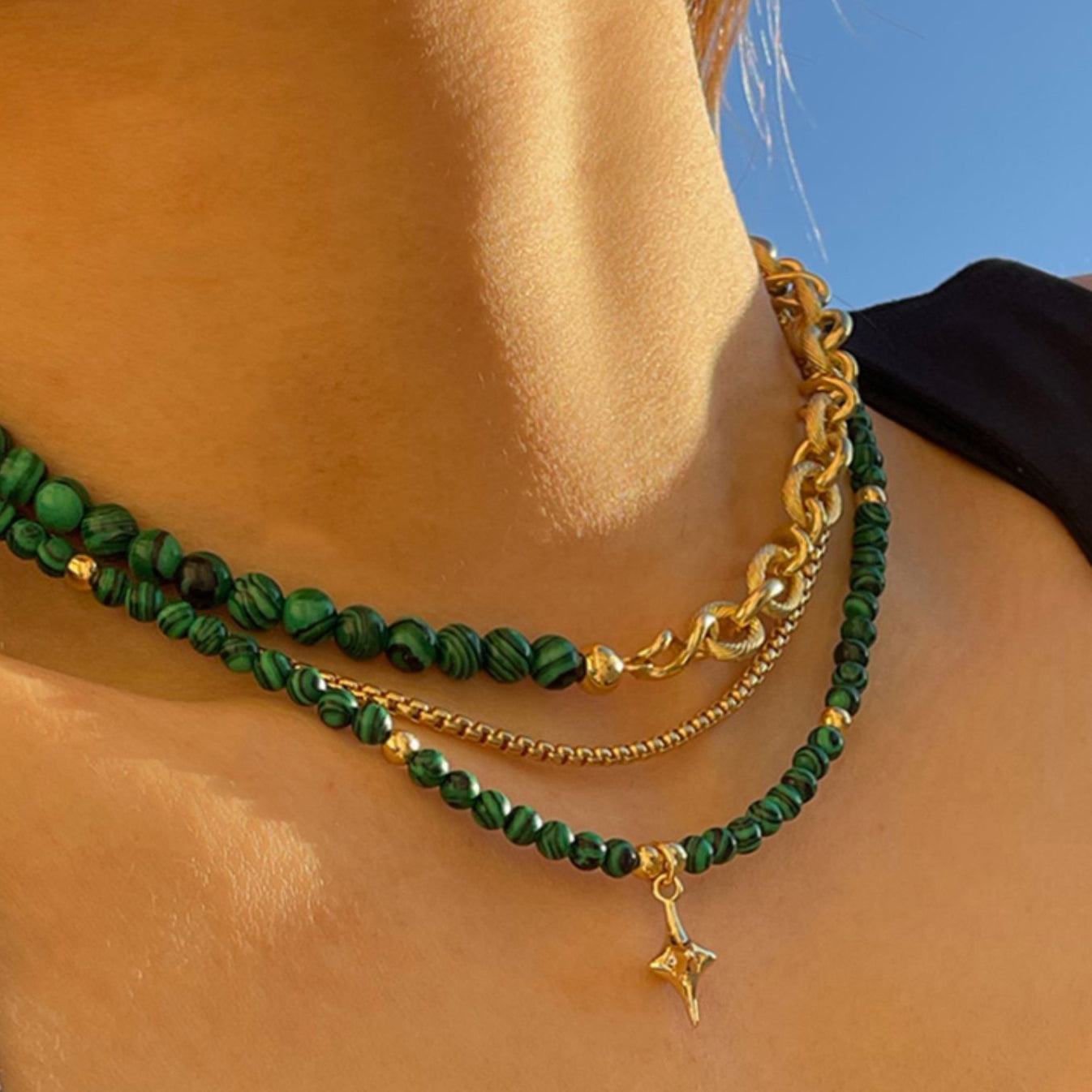 Vintage Malachite Gold Plated Star Necklace