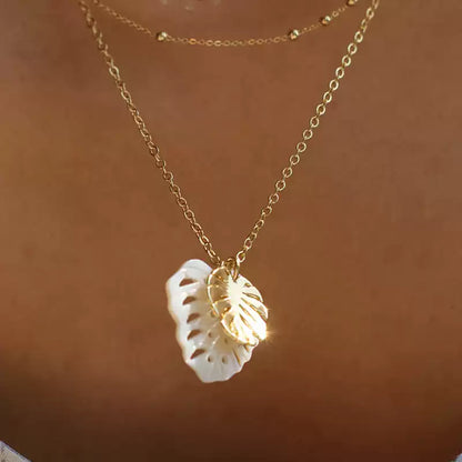 White Nacre Monstera Leaf Gold Plated Neckalce