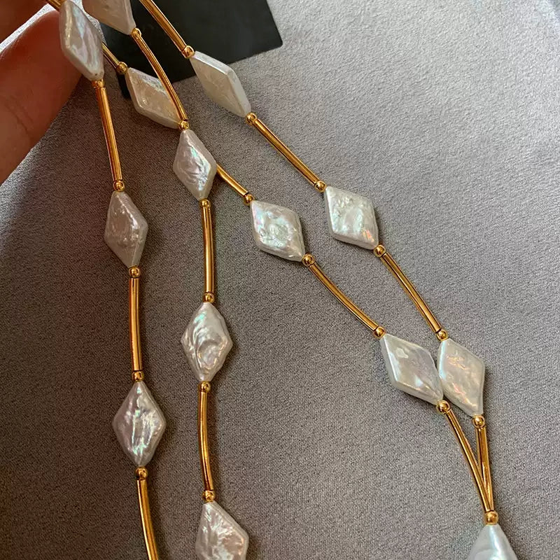 Exquisite Rhombus Baroque Pearl Gold Plated Necklace