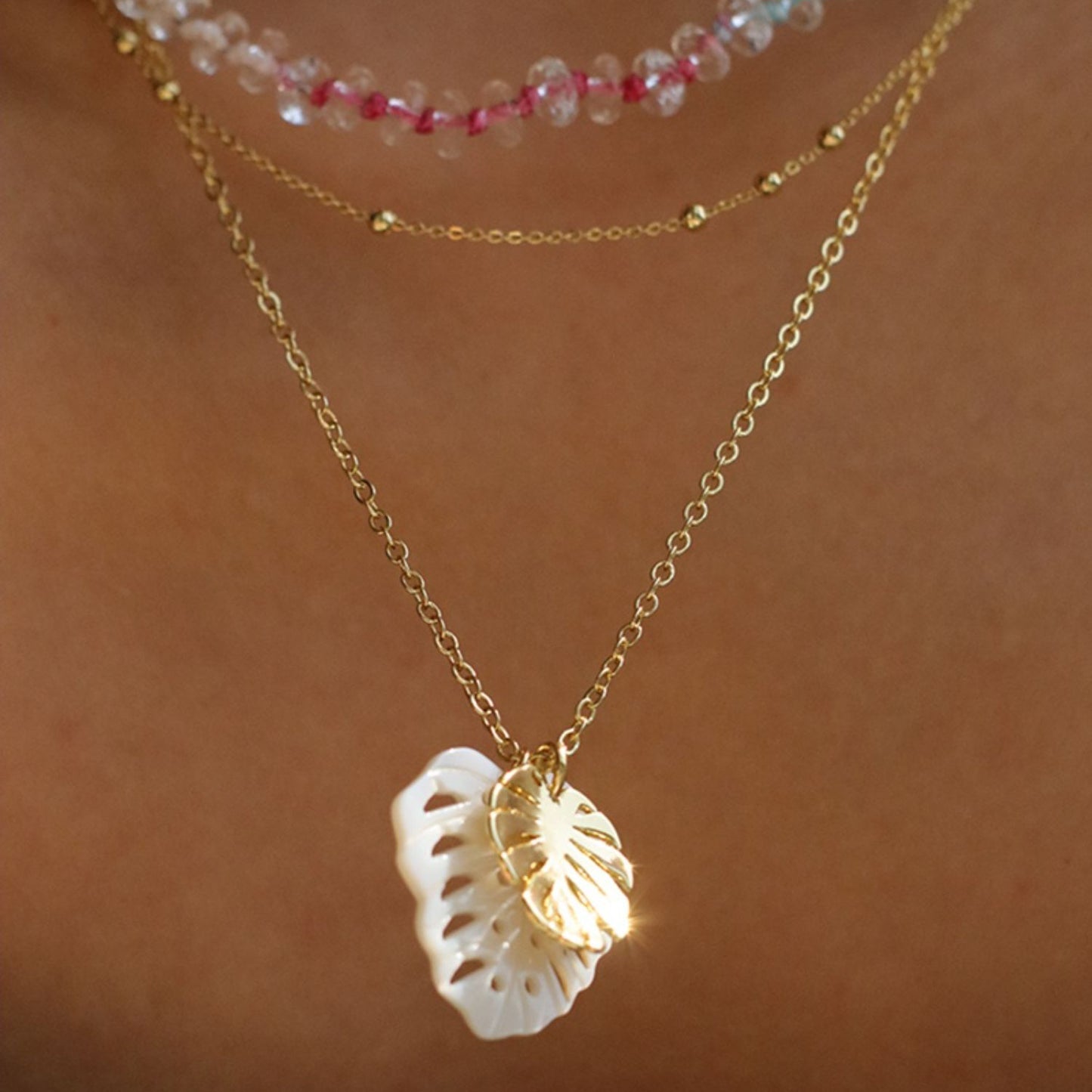White Nacre Monstera Leaf Gold Plated Neckalce