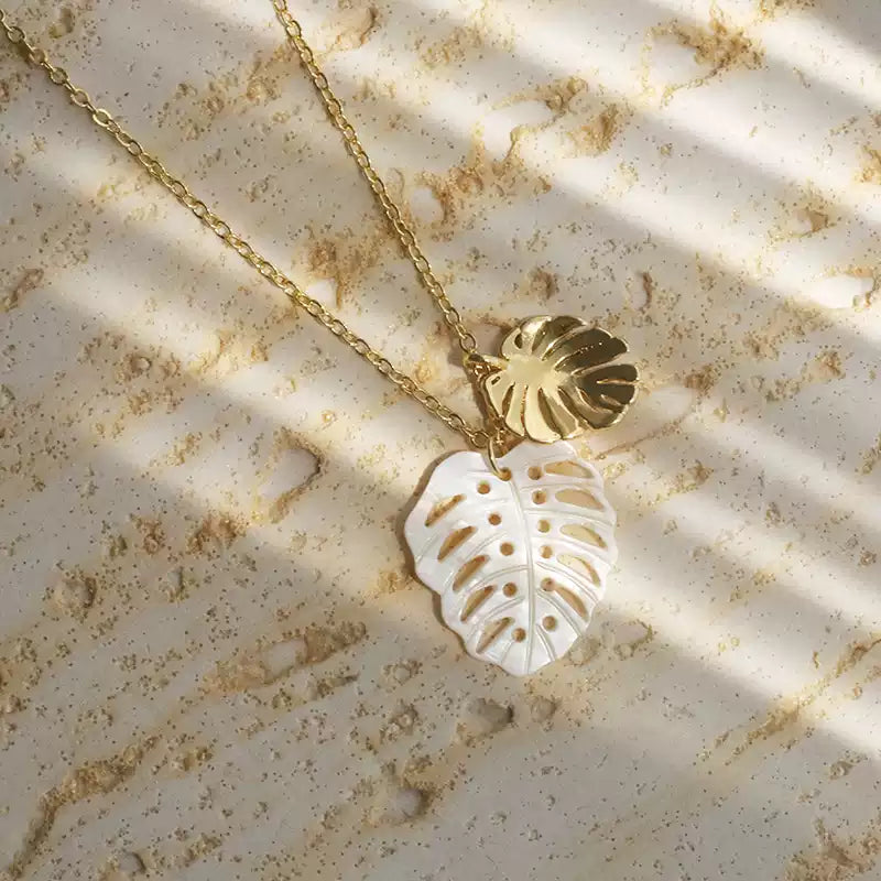 White Nacre Monstera Leaf Gold Plated Neckalce