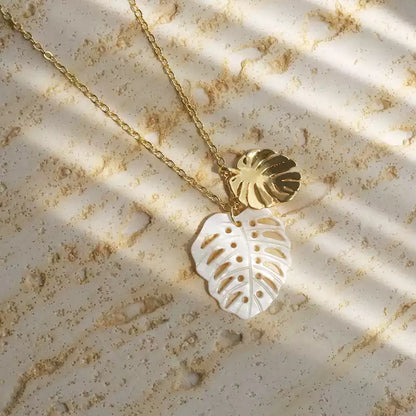 White Nacre Monstera Leaf Gold Plated Neckalce