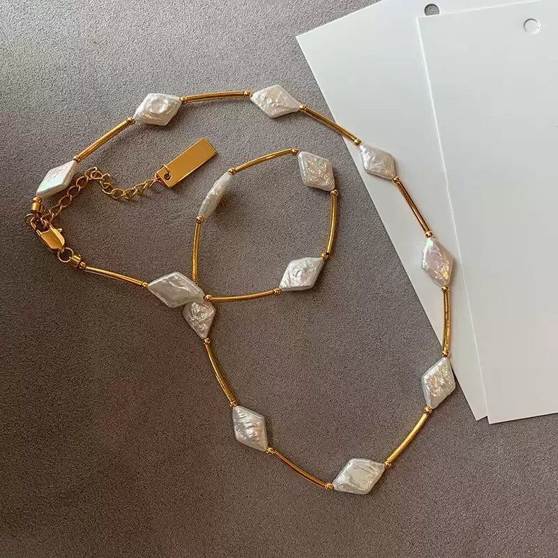 Exquisite Rhombus Baroque Pearl Gold Plated Necklace