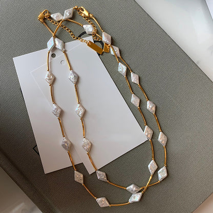 Exquisite Rhombus Baroque Pearl Gold Plated Necklace