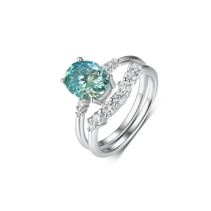 Aqua Green Moissanite 2Pcs Set Ring