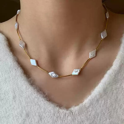 Exquisite Rhombus Baroque Pearl Gold Plated Necklace
