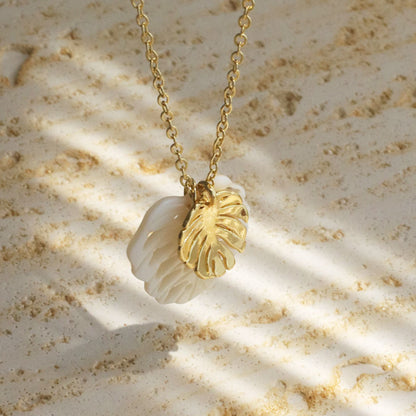 White Nacre Monstera Leaf Gold Plated Neckalce