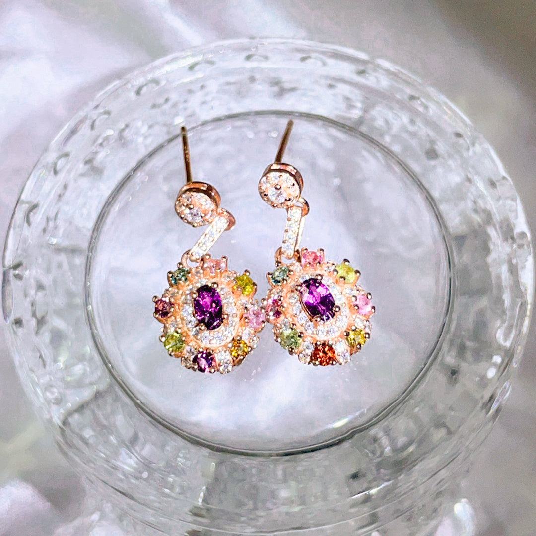 Multicolor Tourmaline Halo Oval-Cut Drop Earrings