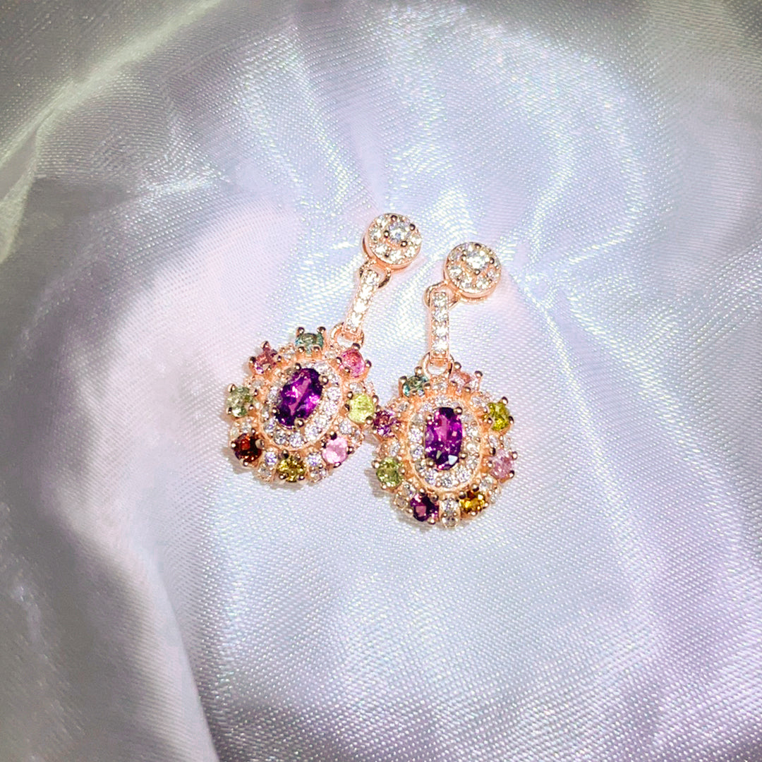 Multicolor Tourmaline Halo Oval-Cut Drop Earrings