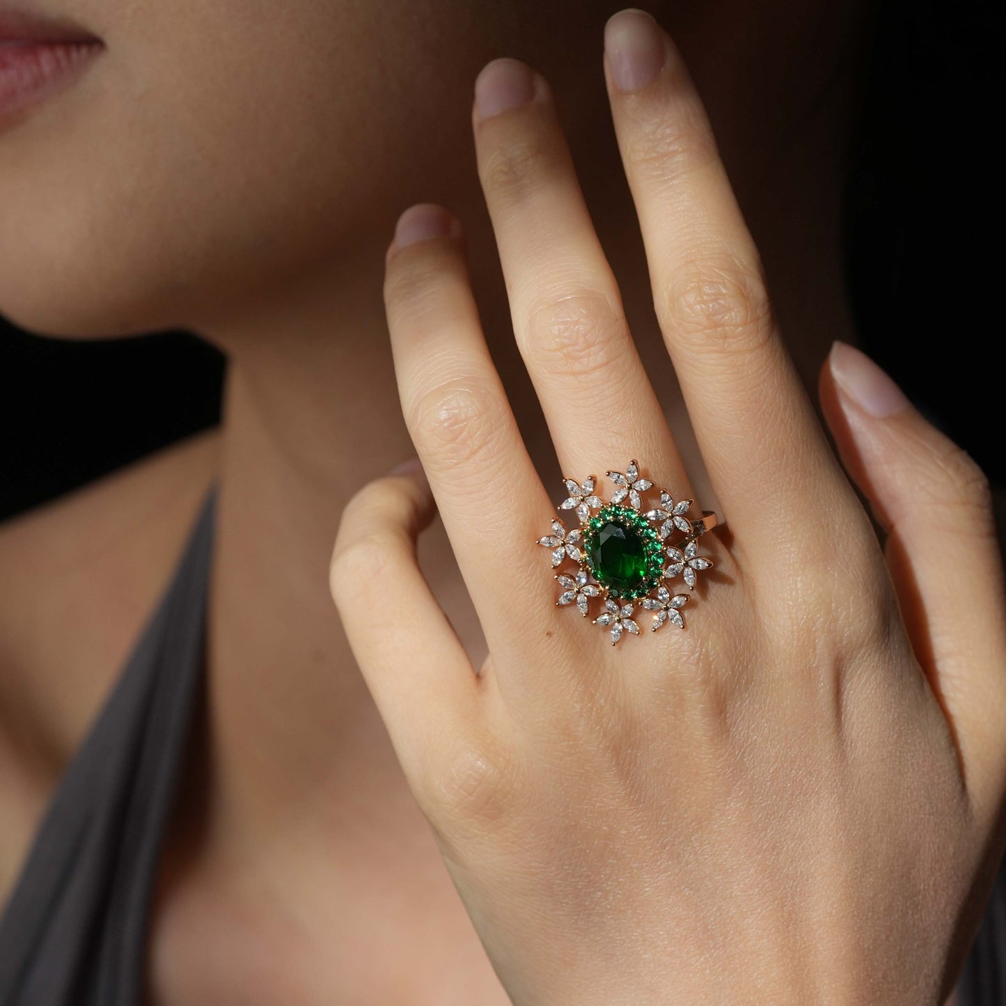 Floral Halo Green Ring