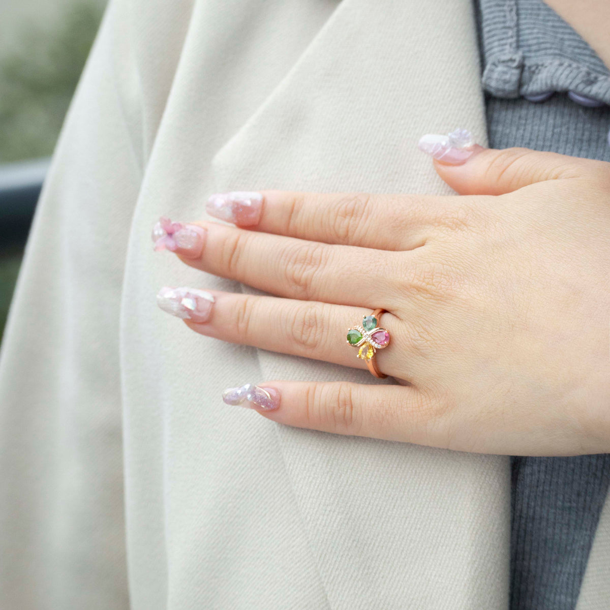 Multicolor Tourmaline Petal Heart Bloom Pear-Cut Ring