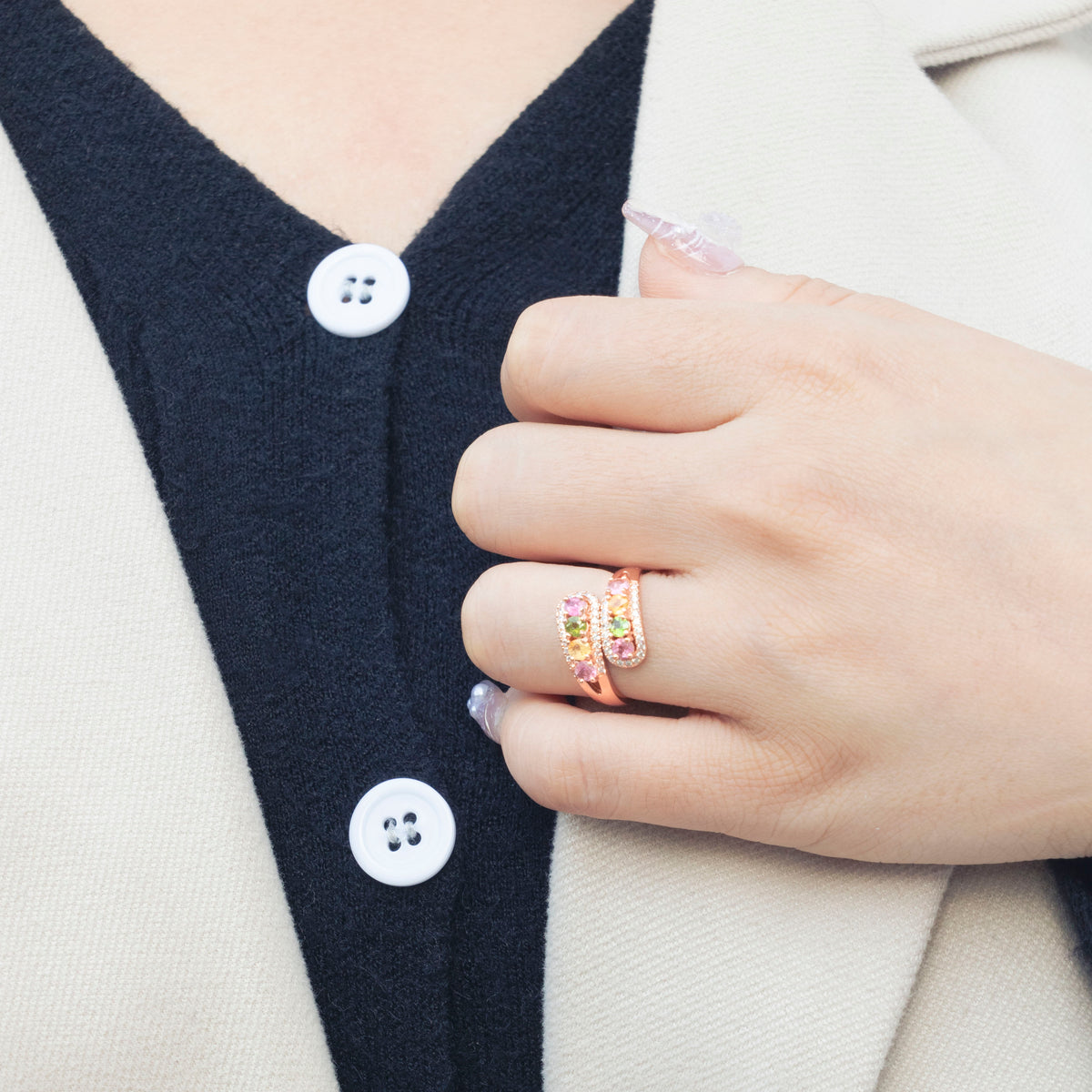 Multicolor Tourmaline Hugging Crossover Ring