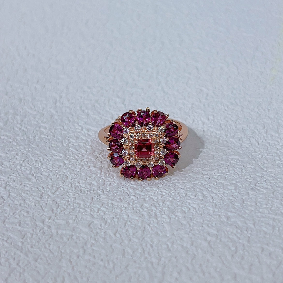 Floral Halo Frame Garnet Ring