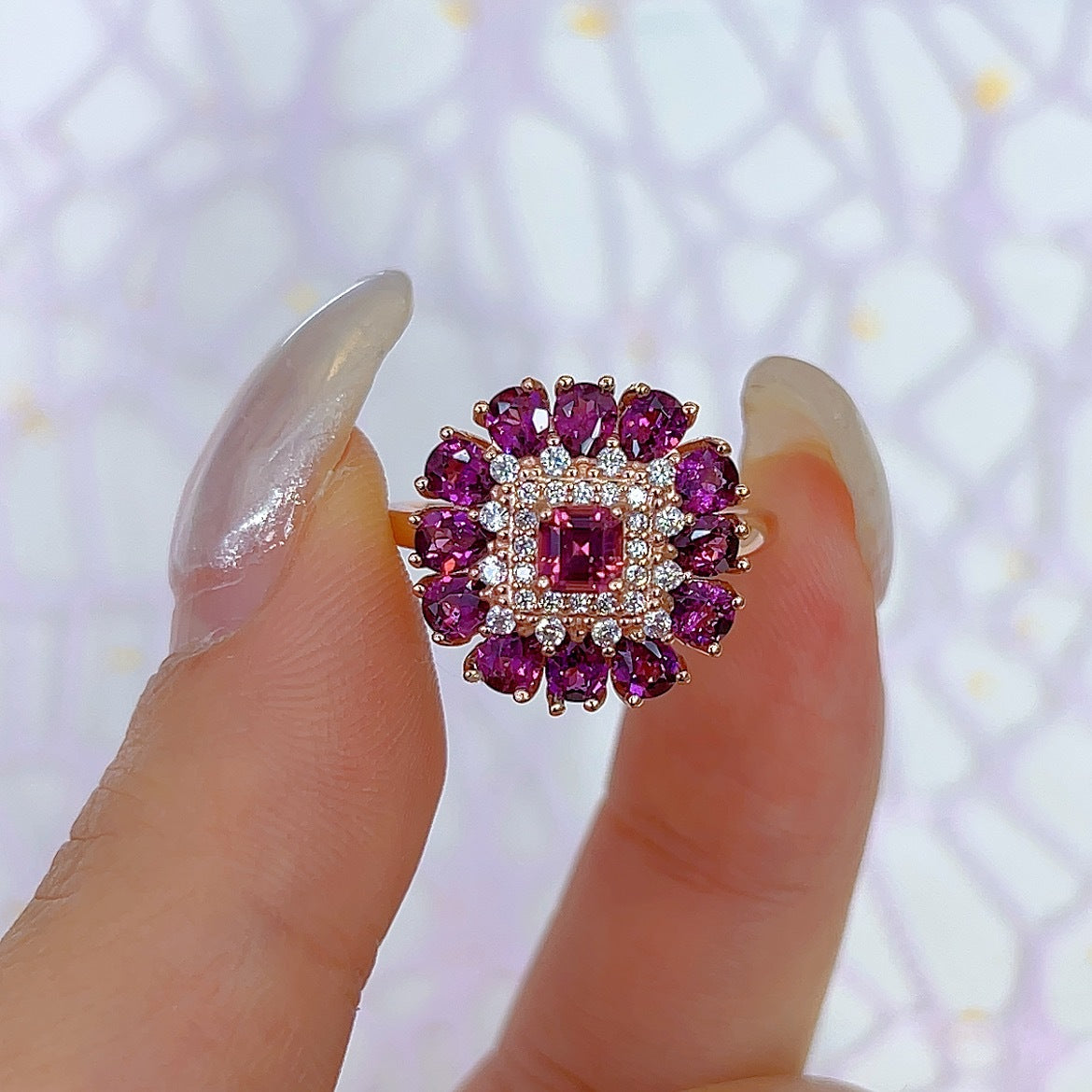 Floral Halo Frame Garnet Ring