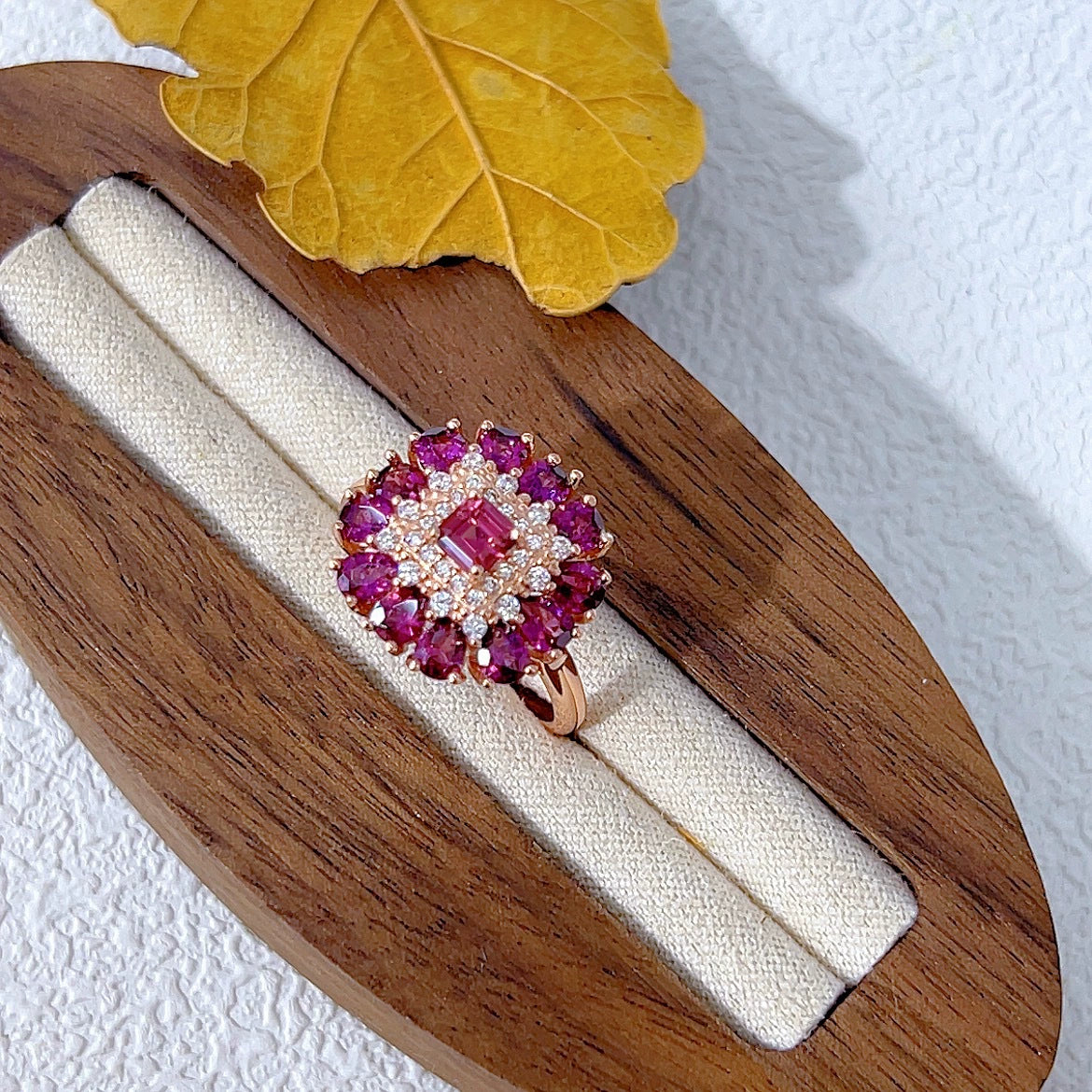 Floral Halo Frame Garnet Ring