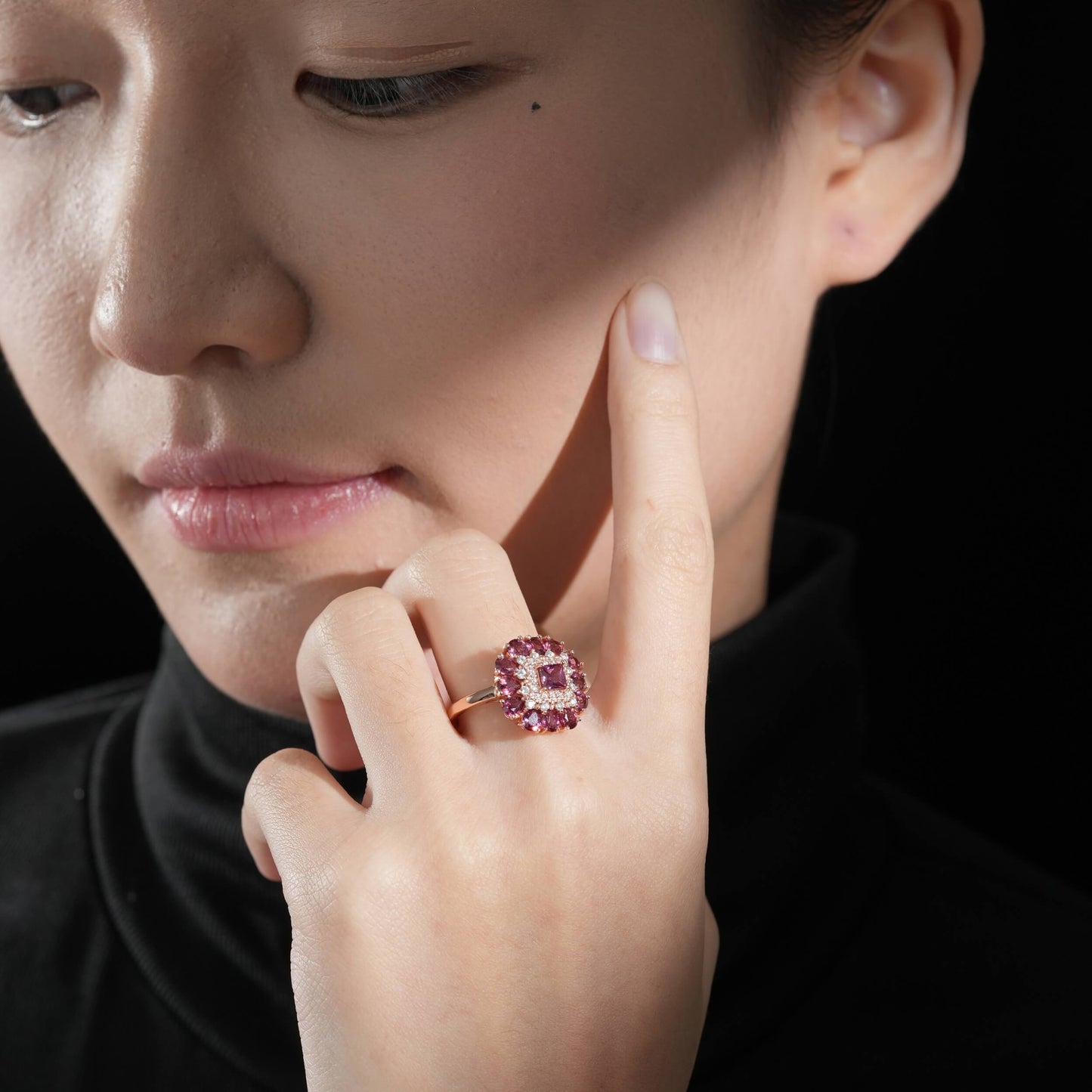 Floral Halo Frame Garnet Ring