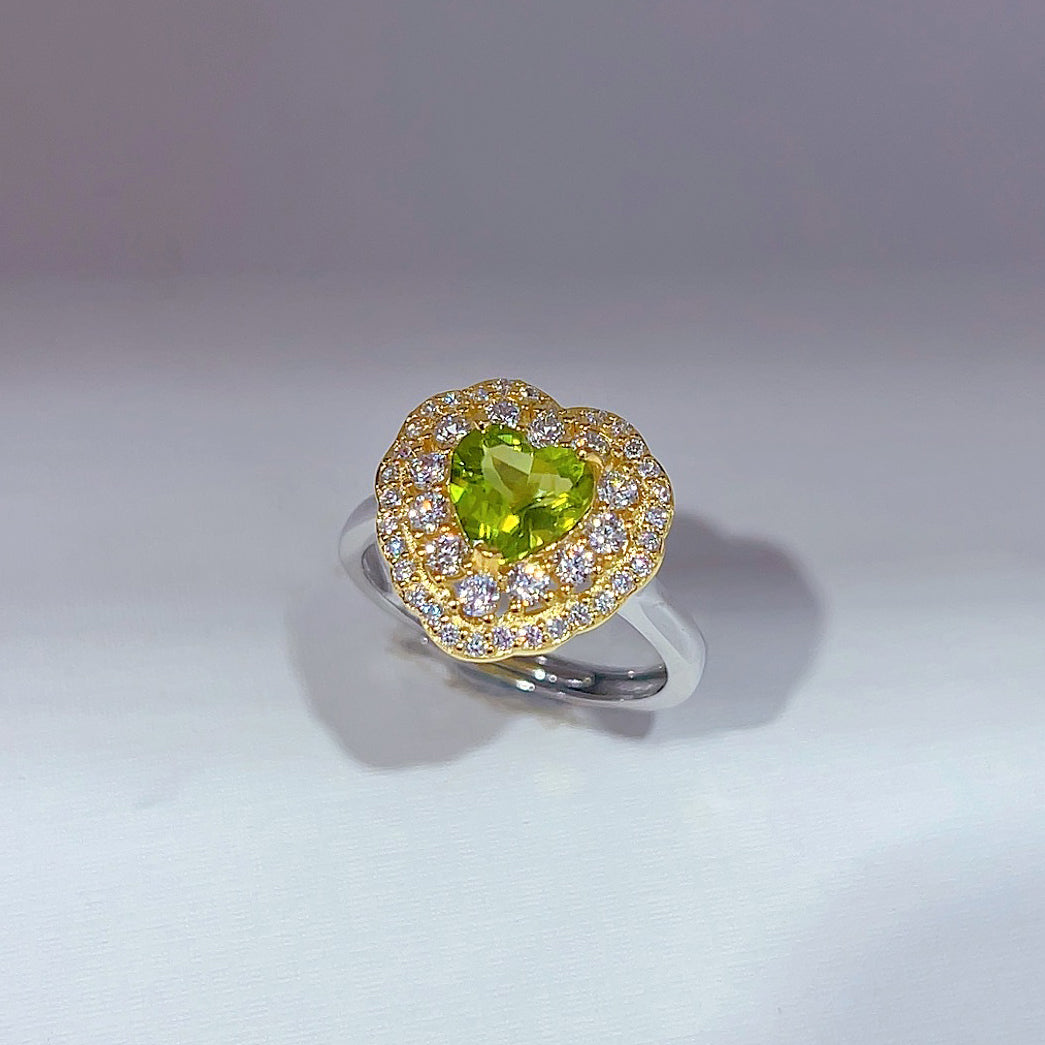 Double Halo Heart Peridot Ring
