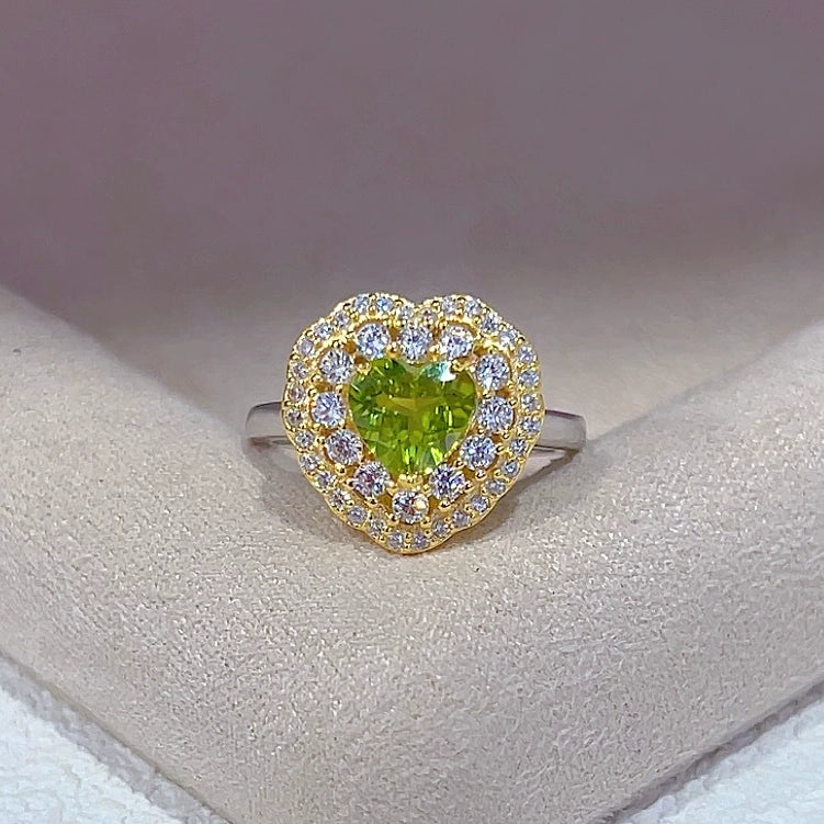 Double Halo Heart Peridot Ring