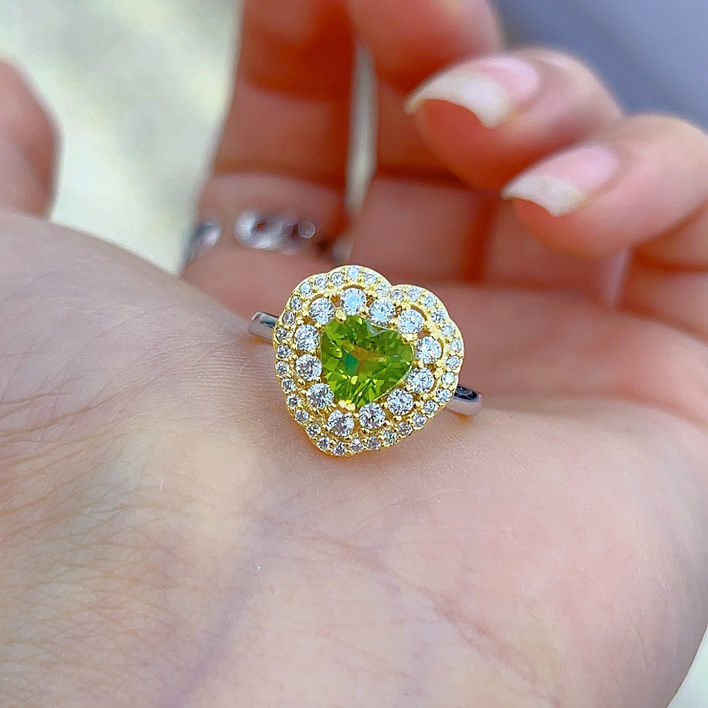Double Halo Heart Peridot Ring