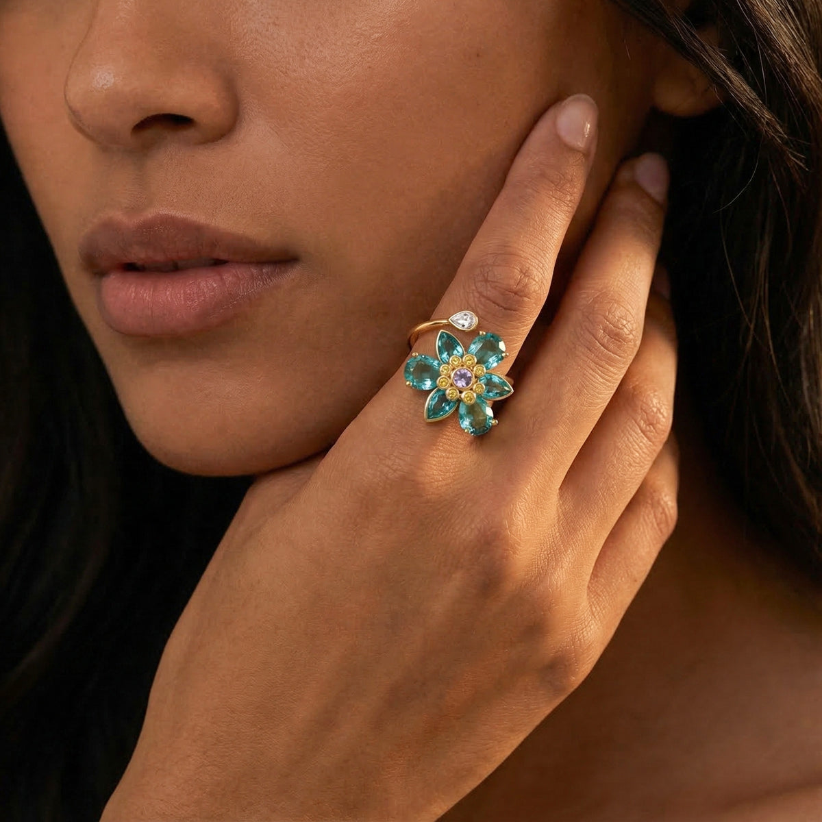 Open Floral Wrap Ring-Blue