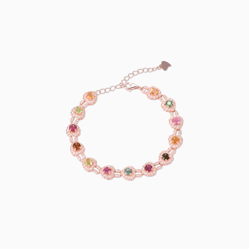 Multicolor Tourmaline Rainbow Halo Bracelet – Round-Cut Floral Design