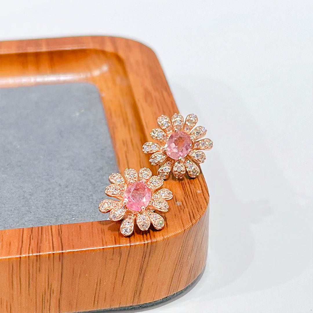 Leafy Signle Rubellite Tourmaline Earrings