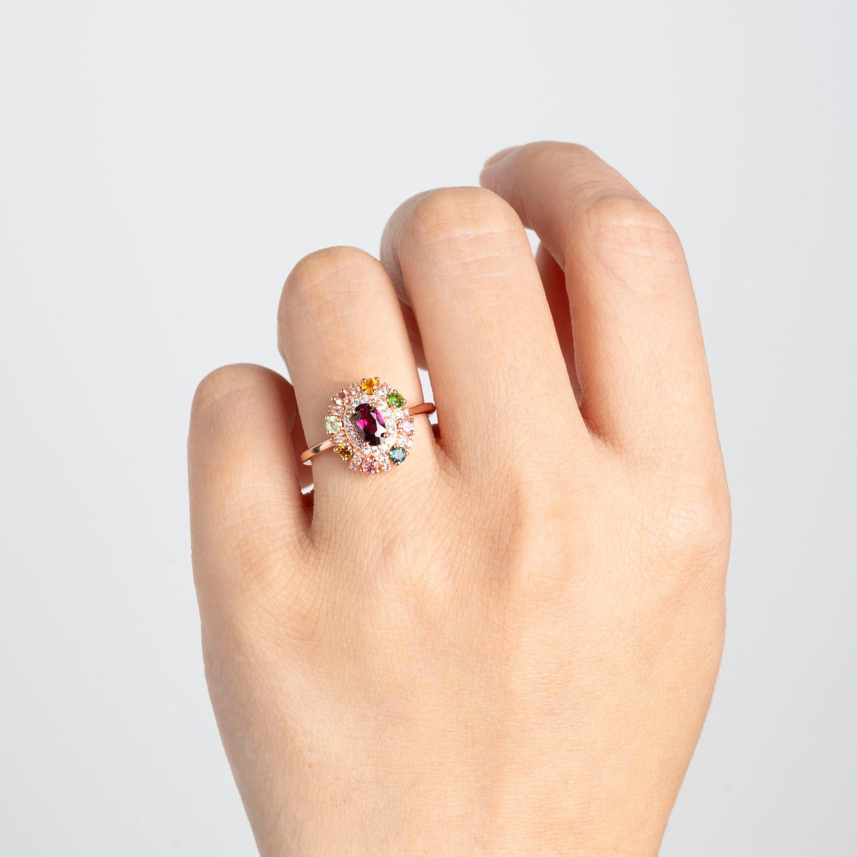 Multicolor Tourmaline Halo Oval-Cut Ring