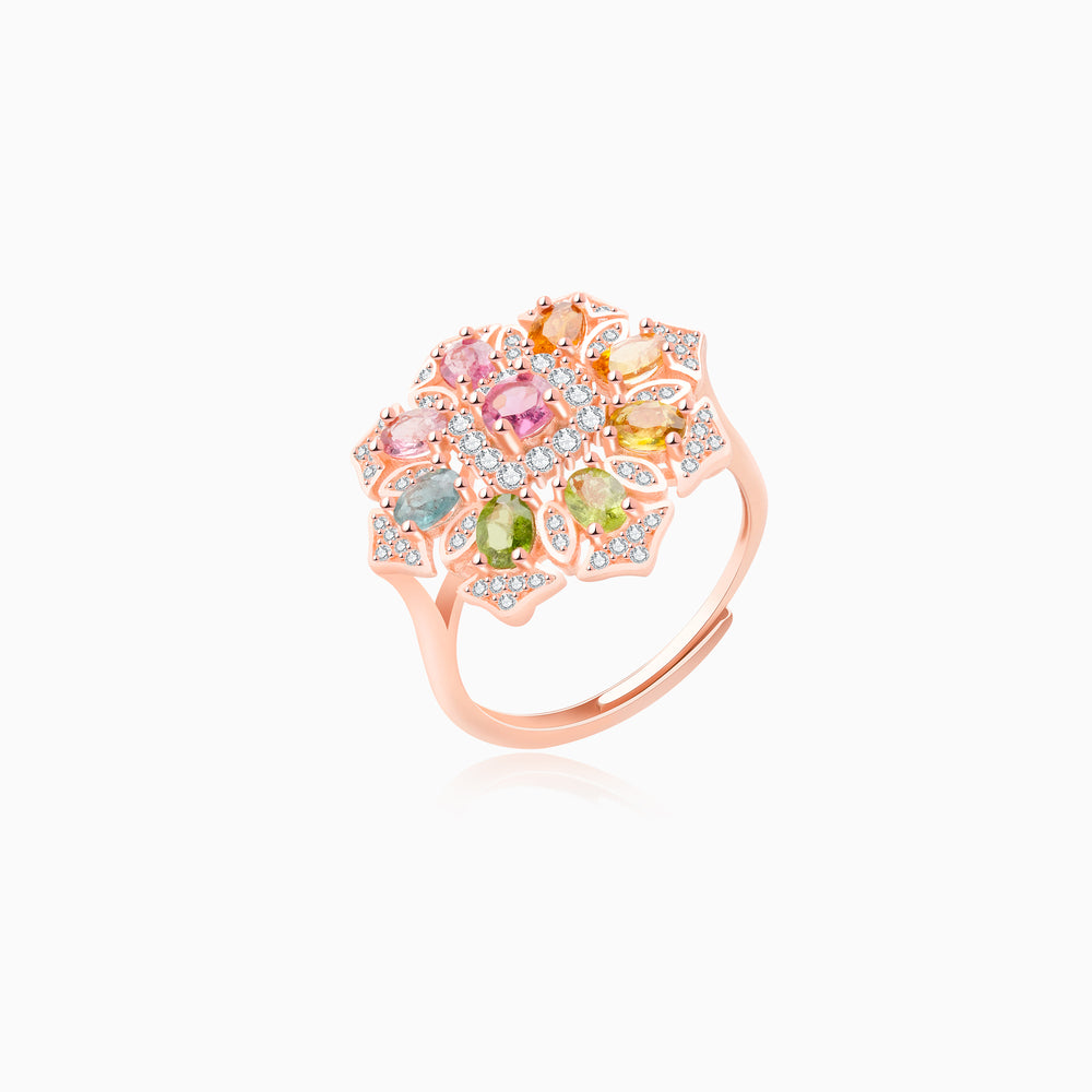 Multicolor Tourmaline Blooming Halo Round-Cut Ring – Floral Cluster Design