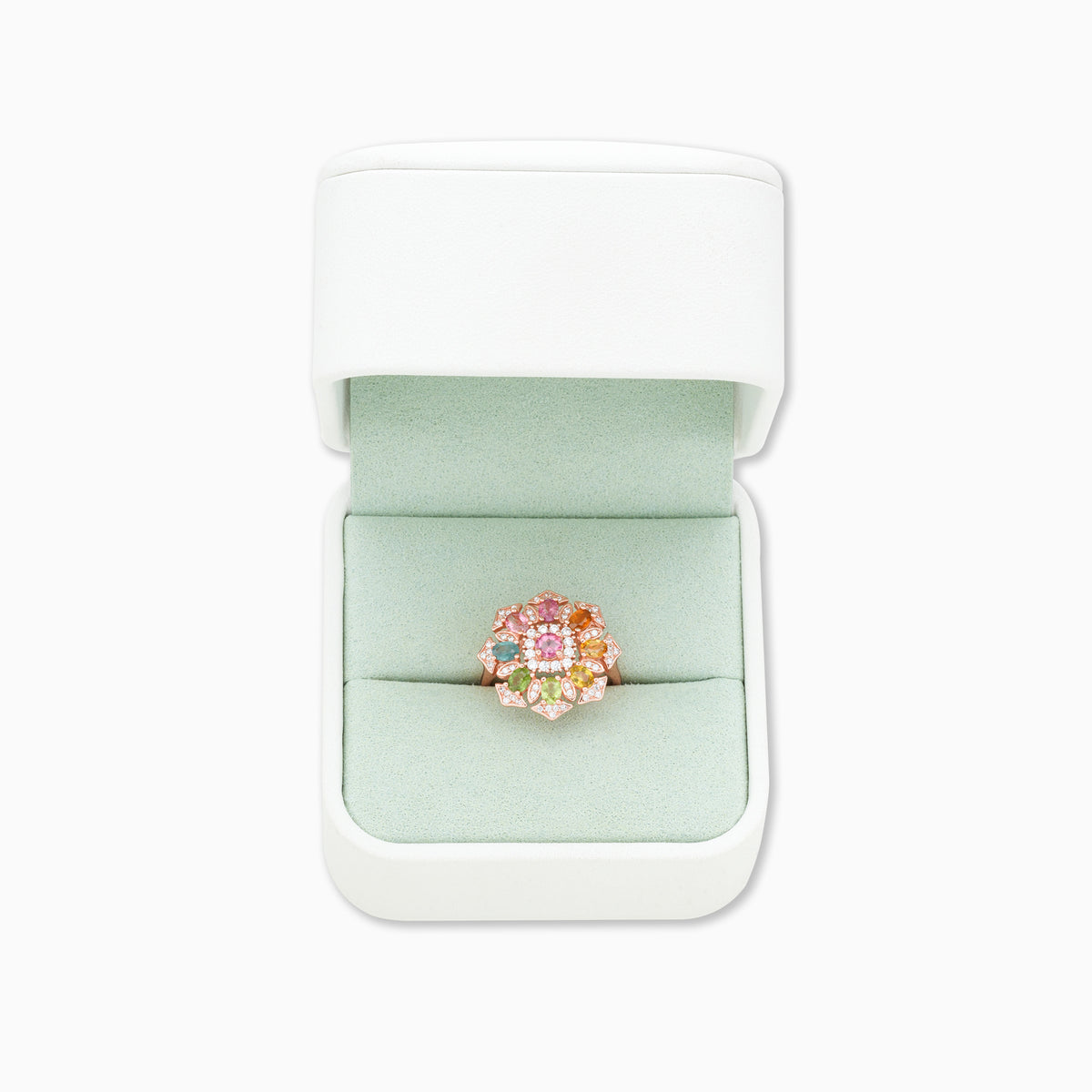 Multicolor Tourmaline Blooming Halo Round-Cut Ring – Floral Cluster Design