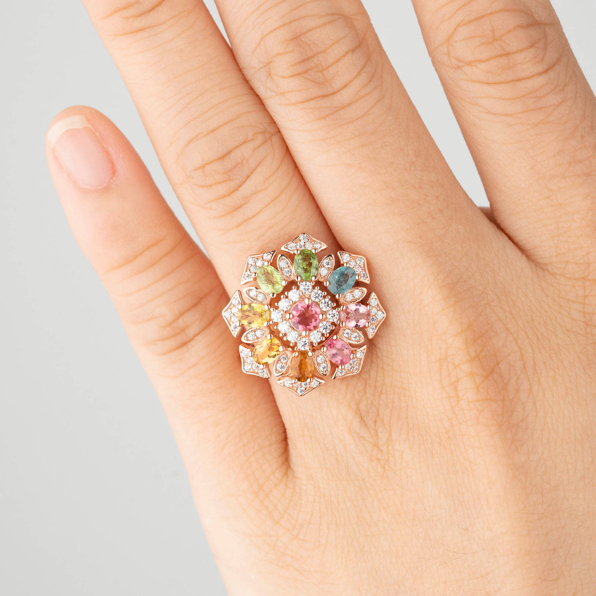 Multicolor Tourmaline Blooming Halo Round-Cut Ring – Floral Cluster Design