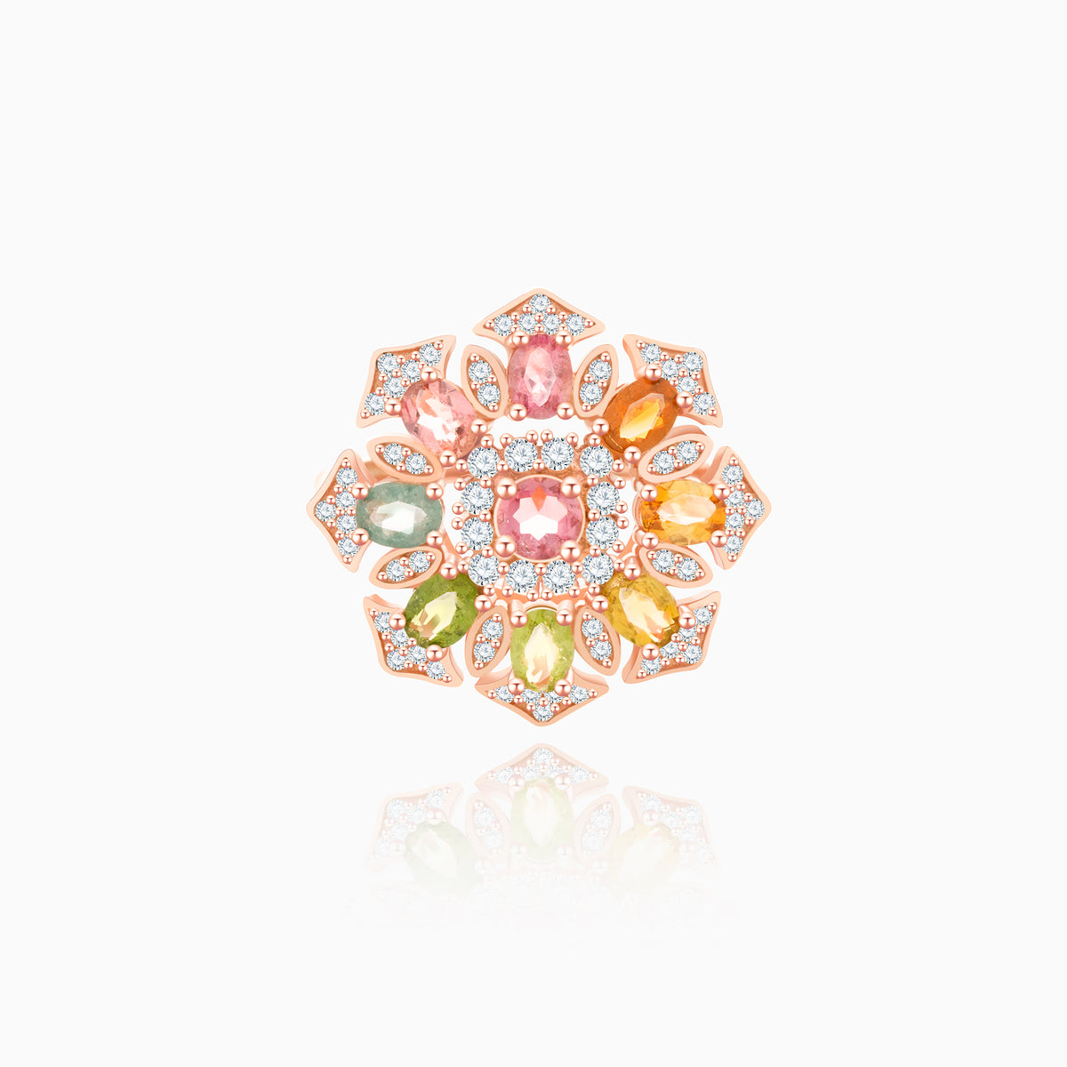 Multicolor Tourmaline Blooming Halo Round-Cut Ring – Floral Cluster Design