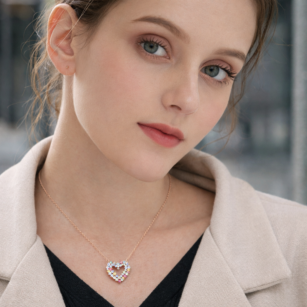 Multicolor Tourmaline Heart Pendant Necklace – Round-Cut Cluster Design