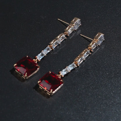 Ruby-Red Square Drop Earrings