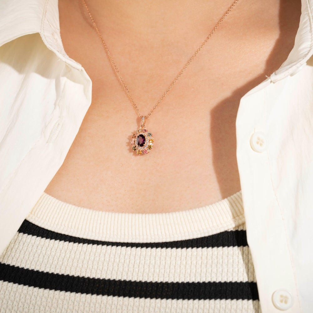 Multicolor Tourmaline Halo Oval-Cut Pendant Necklace